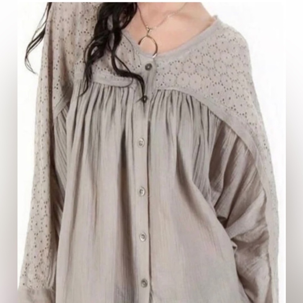 Free People Taupe Cotton Gauze Eyelet Blouse Top Sz S Boho Casual Beach Festival